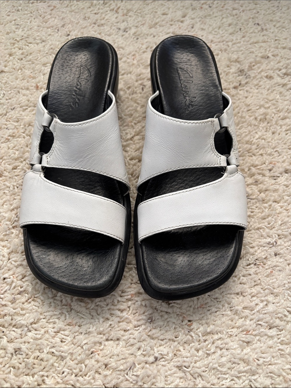 Clarks White Leather Slide Sandals with Black Footbed